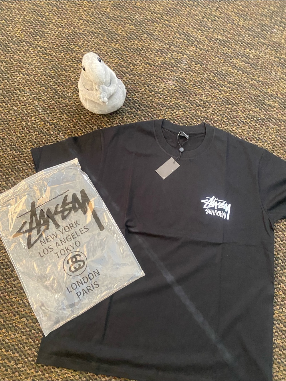 Stussy Black T-Shirt with White Shanghai Logo - Men's Short Sleeve
